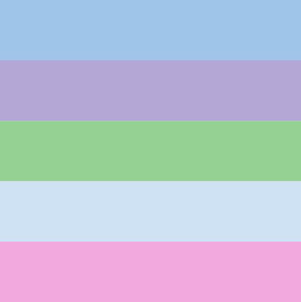 A 5 stripe flag - colors from top to bottom - medium blue, medium purple, medium green, light blue, light-medium pink.